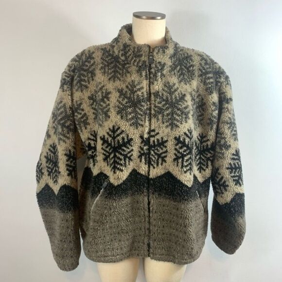 VTG 90’s Kanata Fleece Fair Isle Jacket Medium Full Zip Ski Snowflake Pockets - Picture 1 of 7